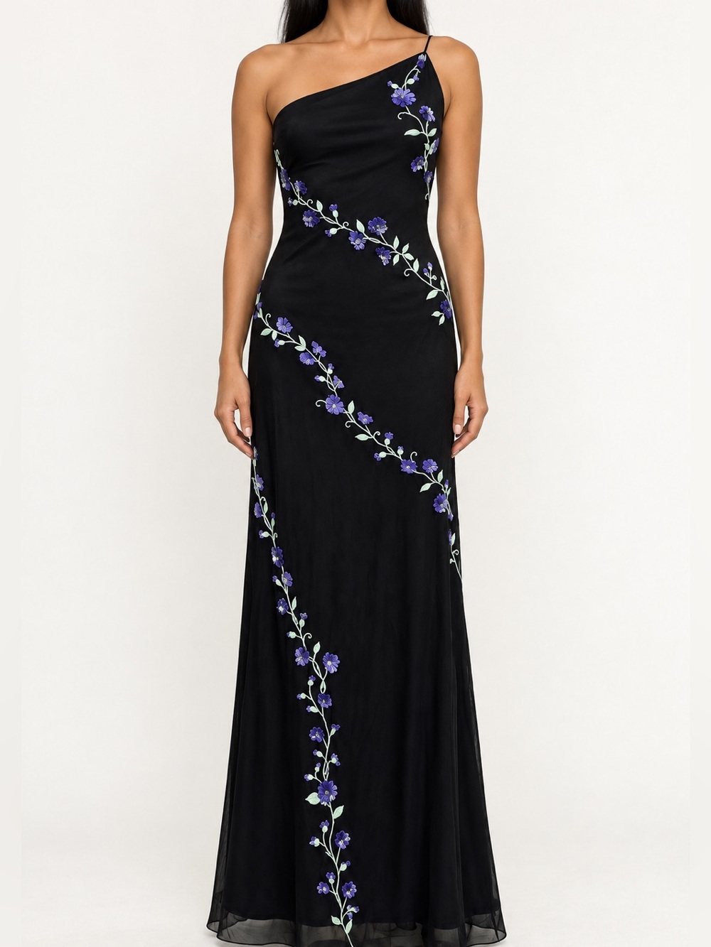 One-Shoulder Vintage Y2K Black Floral Embroidered Maxi Dress